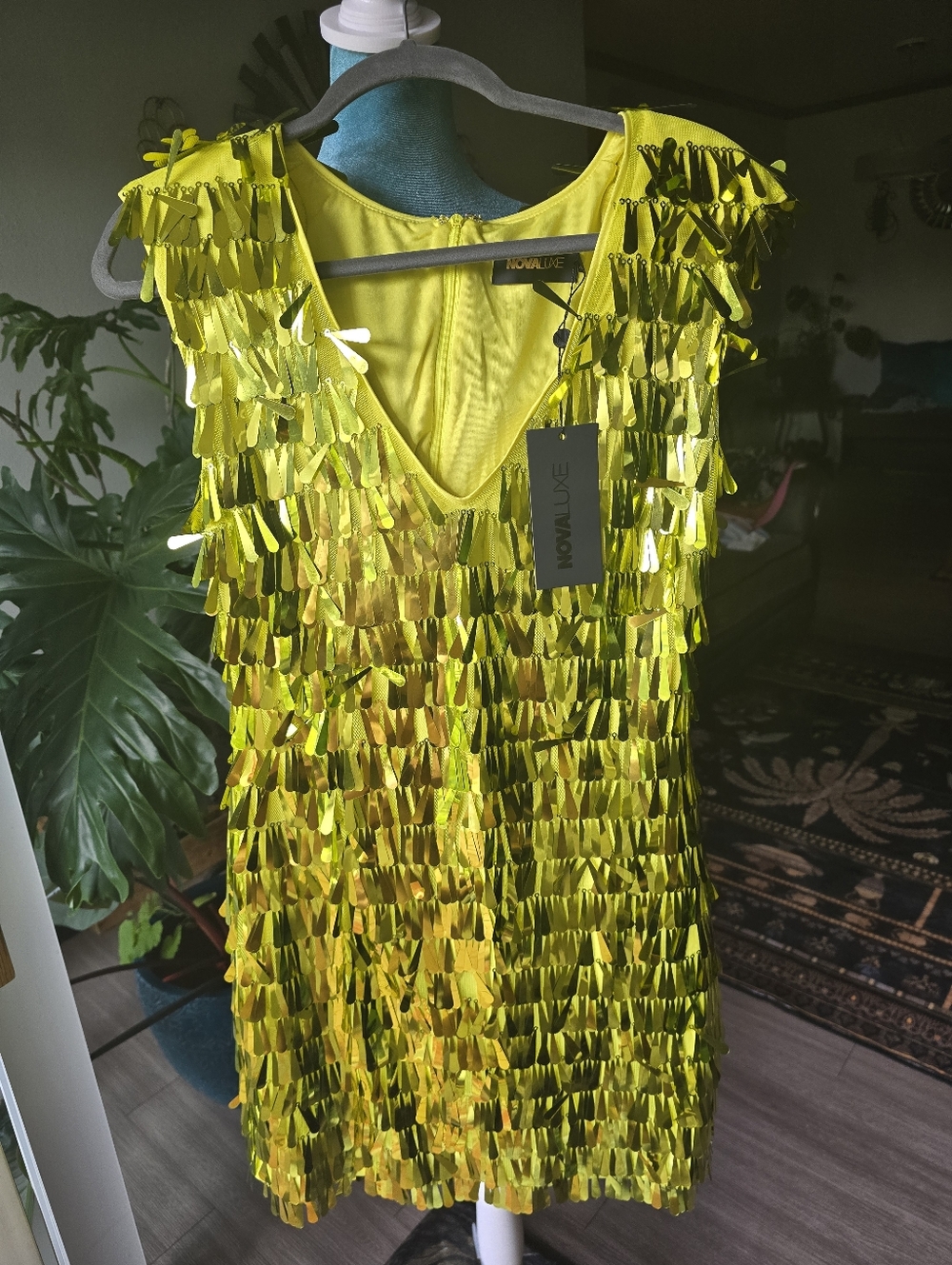 NovaLuxe Neon Yellow Sequin Fringe Mini Dress